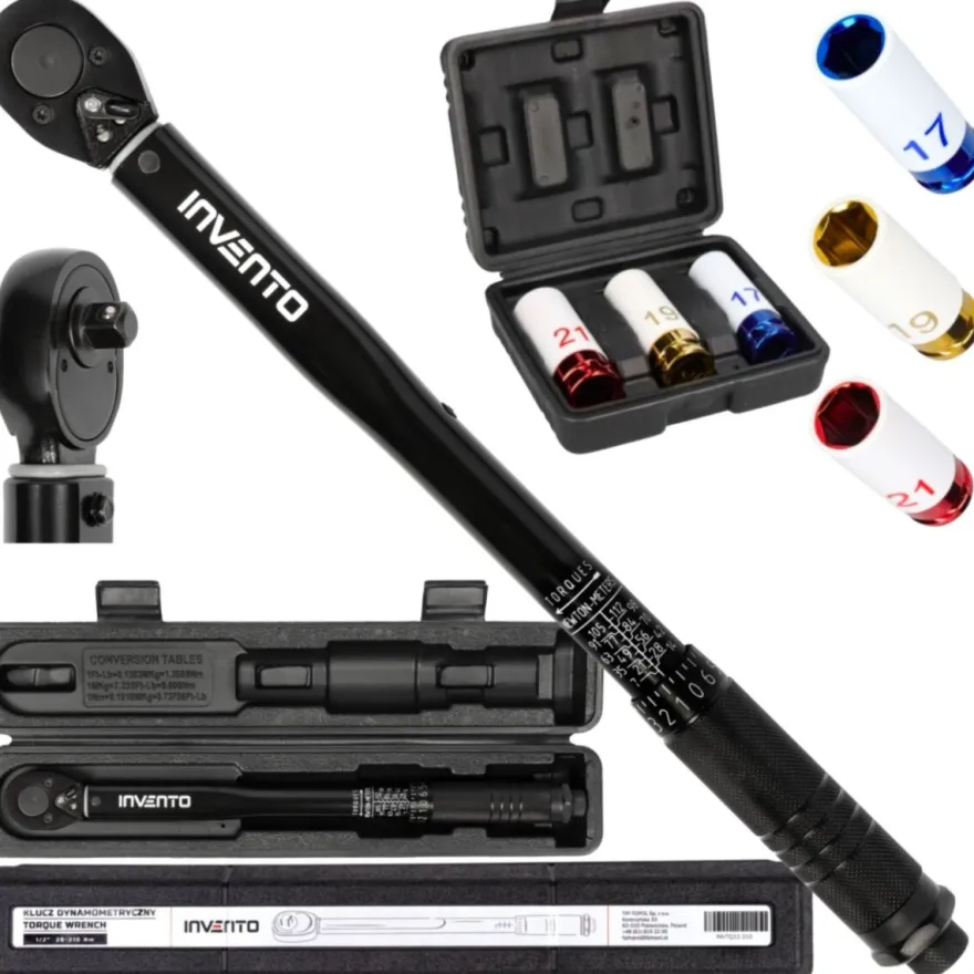 Klucz dynamometryczny INVENTO 1/2" 28-210 Nm + nasadki ALU - zestaw PRO
