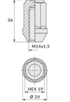 Nakrętka mocująca M14x1,5 zamknięta 36mm, klucz 19, z dużym stożkiem