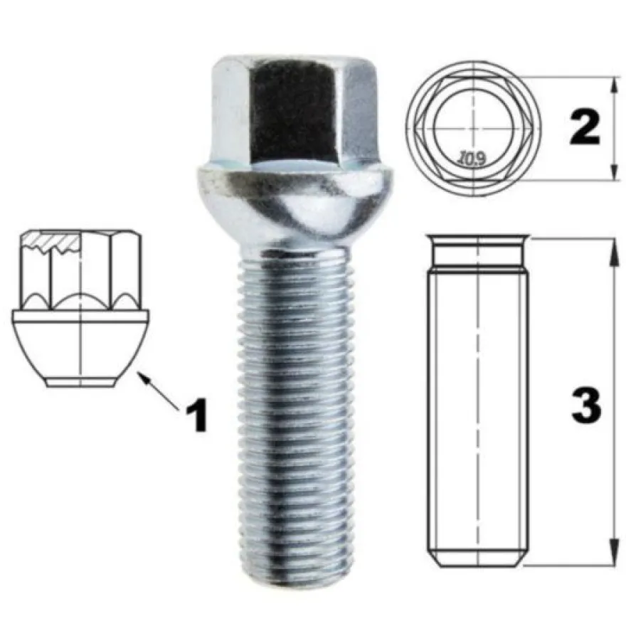 Śruba do felg kół M14x1,5 45mm, kula, K17, 1 szt.