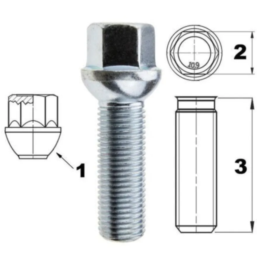 Śruba mocująca M14x1,5, gwint 45mm, kula, klucz 17 10 szt.