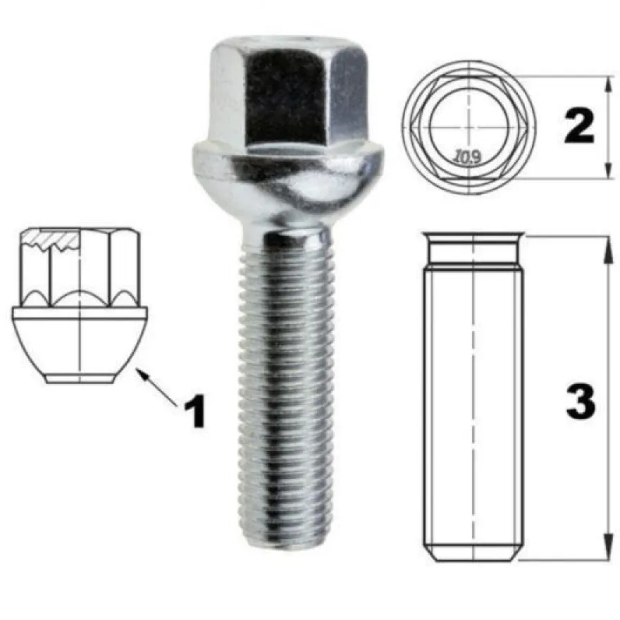 Śruba mocująca M12x1,5, gwint 40mm, kula, klucz 17, 10 szt