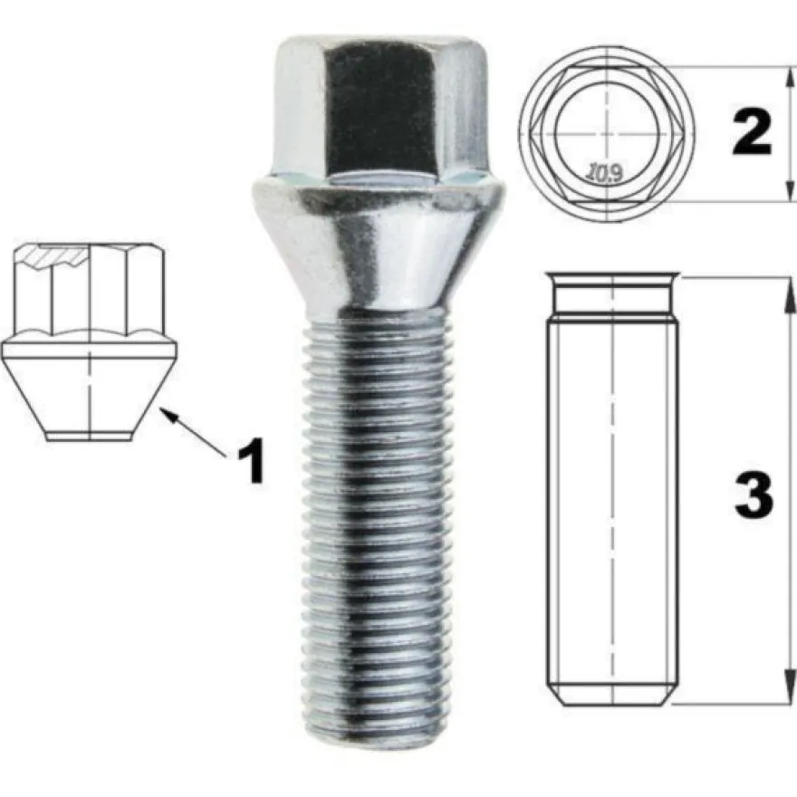 Śruba mocująca M14x1,5, gwint 45mm, stożek, klucz 17 10 szt.