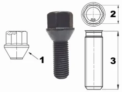 Śruba mocująca M12x1,5, gwint 28mm, stożek, klucz 17, czarna