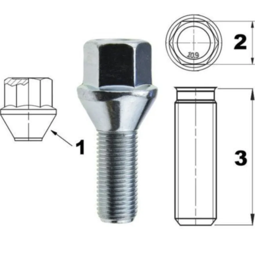 Śruba mocująca M12x1,25, gwint 24mm, stożek, klucz 17