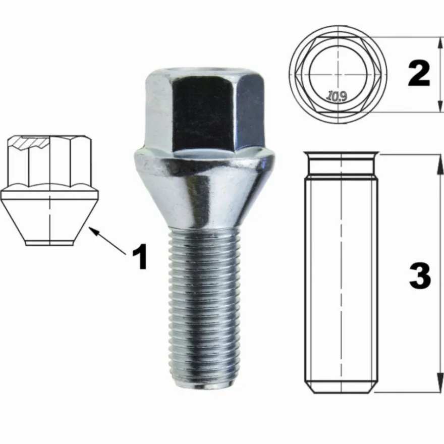 Śruba mocująca M12x1,25, gwint 28mm, stożek, klucz 17