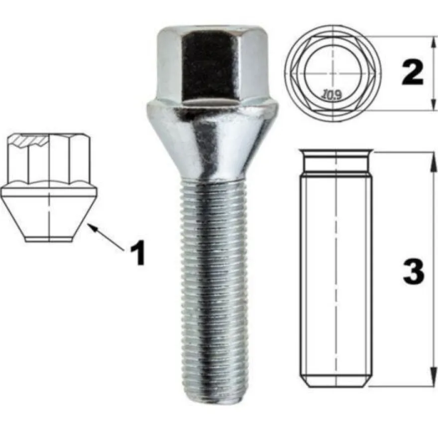 Śruba mocująca M12x1,5, gwint 45mm, stożek, klucz 17