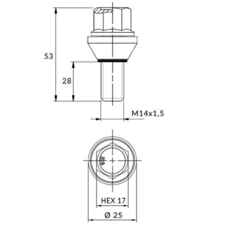 Śruba mocująca M14x1,5 pływająca, gwint 27mm, ruchomy stożek, klucz 17